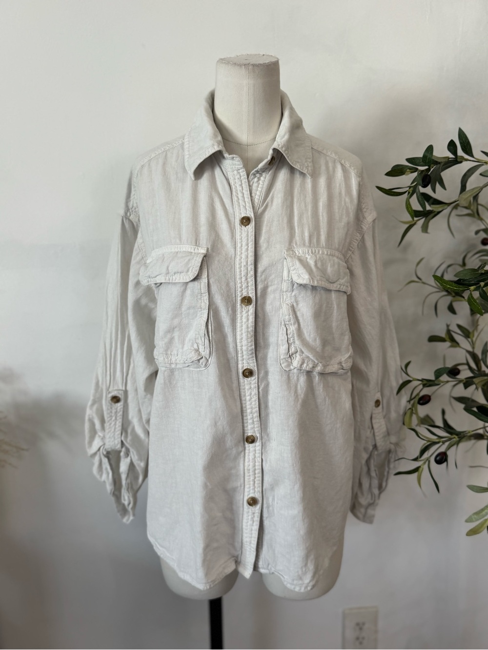 We The Free by Free People  Linen Blend Utility Button Down Shirt XS